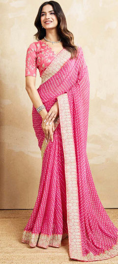 Pink and Majenta, White and Off White color Saree in Georgette fabric with Bandhej, Printed work