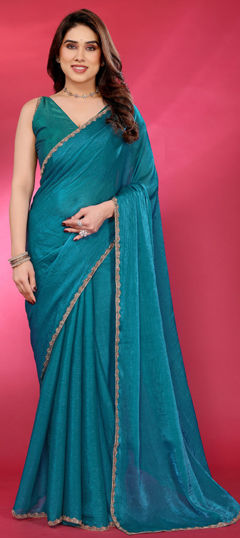 Blue color Saree in Chiffon fabric with Embroidered, Lace, Thread work