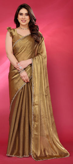 Beige and Brown color Saree in Chiffon fabric with Embroidered, Lace, Thread work
