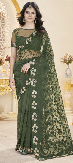Green color Saree in Net fabric with Embroidered, Stone, Thread work
