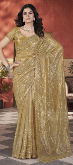 Gold color Saree in Tissue fabric with Cut Dana, Sequence work