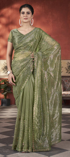 Green color Saree in Tissue fabric with Cut Dana, Sequence work
