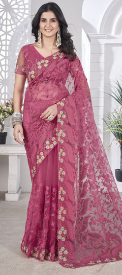 Pink and Majenta color Saree in Net fabric with Embroidered, Stone, Thread work