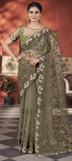 Green color Saree in Net fabric with Embroidered, Stone, Thread work
