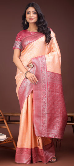 Orange color Saree in Art Silk fabric with Weaving work