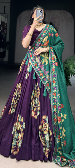 Purple and Violet color Lehenga in Tussar Silk fabric with Foil Print, Lace, Printed work