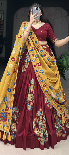 Red and Maroon color Lehenga in Tussar Silk fabric with Foil Print, Lace, Printed work