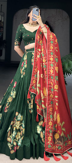 Green color Lehenga in Tussar Silk fabric with Foil Print, Lace, Printed work