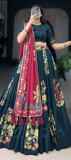 Blue color Lehenga in Tussar Silk fabric with Foil Print, Lace, Printed work