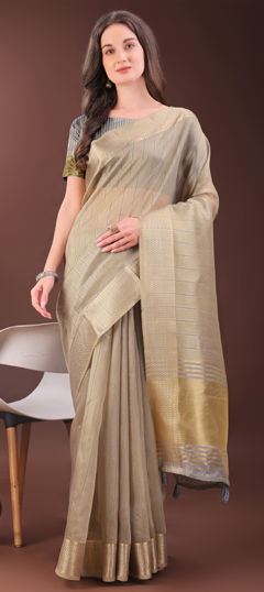 Beige and Brown color Saree in Organza Silk fabric with Weaving work