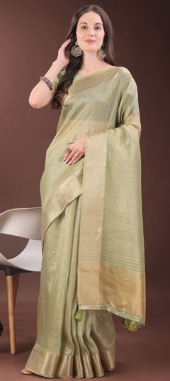 Green color Saree in Organza Silk fabric with Weaving work