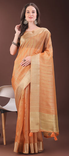 Orange color Saree in Organza Silk fabric with Weaving work