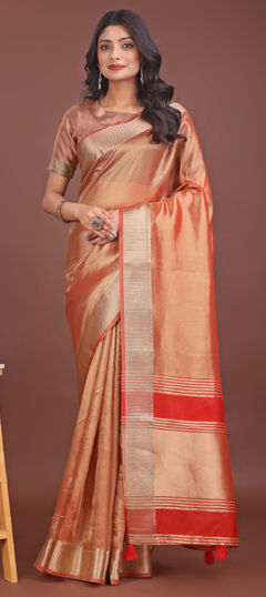 Orange color Saree in Organza Silk fabric with Weaving work