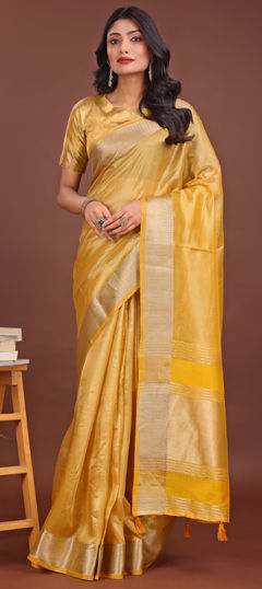Yellow color Saree in Organza Silk fabric with Weaving work