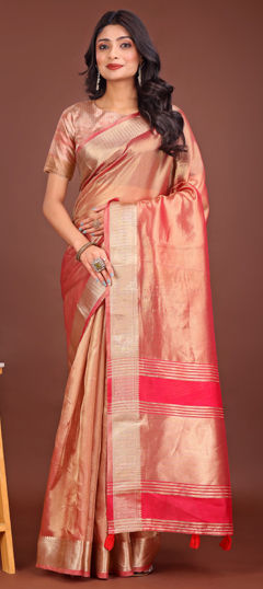 Orange color Saree in Organza Silk fabric with Weaving work