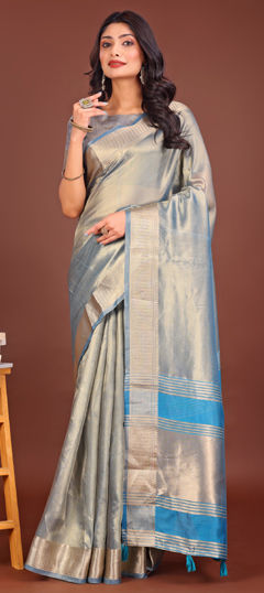 Black and Grey color Saree in Organza Silk fabric with Weaving work