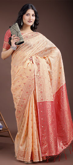 Orange color Saree in Cotton fabric with Weaving work