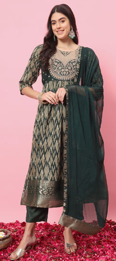 Green color Salwar Kameez in Silk cotton fabric with Embroidered, Printed, Weaving work