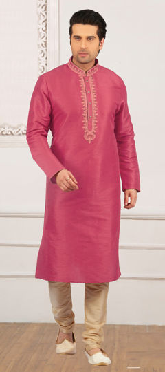 Pink and Majenta color Kurta Pyjamas in Dupion Silk fabric with Embroidered, Thread work