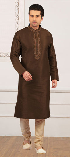 Beige and Brown color Kurta Pyjamas in Dupion Silk fabric with Embroidered, Thread work