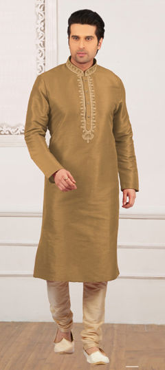 Gold color Kurta Pyjamas in Dupion Silk fabric with Embroidered, Thread work