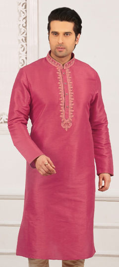 Pink and Majenta color Kurta in Dupion Silk fabric with Embroidered, Thread work