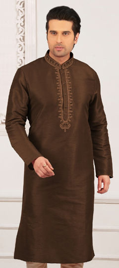 Beige and Brown color Kurta in Dupion Silk fabric with Embroidered, Thread work