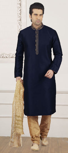 Blue color Kurta Pyjamas in Dupion Silk fabric with Embroidered work