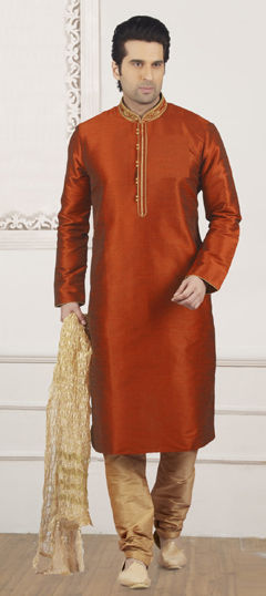 Orange color Kurta Pyjamas in Dupion Silk fabric with Embroidered work