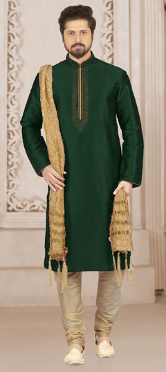 Green color Kurta Pyjamas in Dupion Silk fabric with Embroidered work