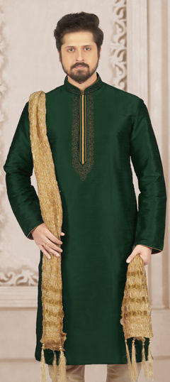 Green color Kurta in Dupion Silk fabric with Embroidered work