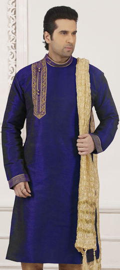 Blue color Kurta in Dupion Silk fabric with Embroidered work
