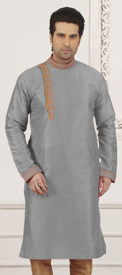 Black and Grey color Kurta in Dupion Silk fabric with Embroidered work