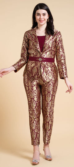 Red and Maroon color Co-ords Set in Jacquard fabric with Weaving work