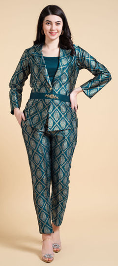 Blue color Co-ords Set in Jacquard fabric with Weaving work