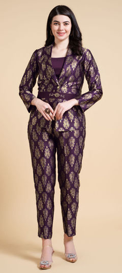 Red and Maroon color Co-ords Set in Jacquard fabric with Weaving work