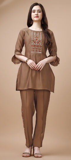 Beige and Brown color Co-ords Set in Viscose fabric with Embroidered, Thread work
