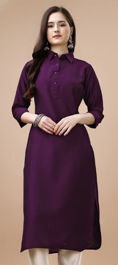 Purple and Violet color Kurti in Chinon Silk fabric with Bugle Beads work