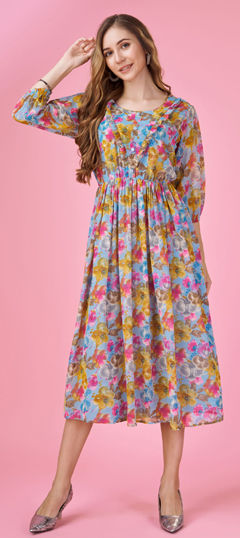 Blue color Dress in Georgette fabric with Floral, Printed work