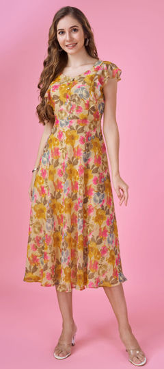 Yellow color Dress in Georgette fabric with Floral, Printed work