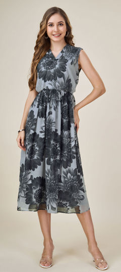 Black and Grey color Dress in Georgette fabric with Floral, Printed work