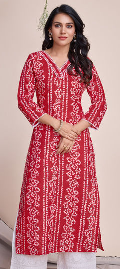 Red and Maroon color Kurti in Linen fabric with Bandhej, Printed work