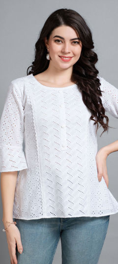 White and Off White color Tops and Shirts in Blended Cotton fabric with Embroidered work