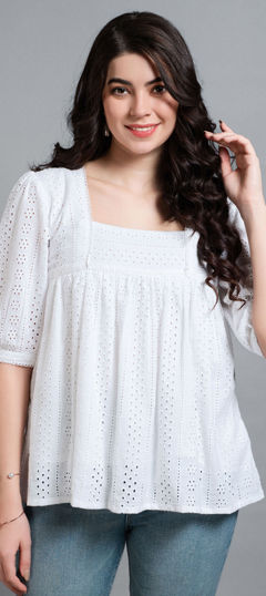 White and Off White color Tops and Shirts in Blended Cotton fabric with Embroidered work