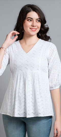 White and Off White color Tops and Shirts in Blended Cotton fabric with Embroidered work