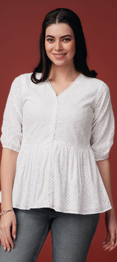 White and Off White color Tops and Shirts in Blended Cotton fabric with Embroidered work