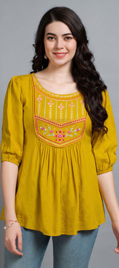 Yellow color Tops and Shirts in Rayon, Viscose fabric with Embroidered work