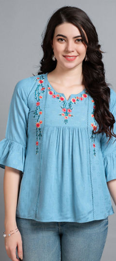 Blue color Tops and Shirts in Rayon, Viscose fabric with Embroidered work
