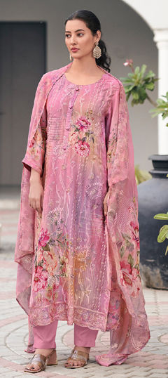 Pink and Majenta color Salwar Kameez in Georgette fabric with Digital Print, Embroidered, Floral work