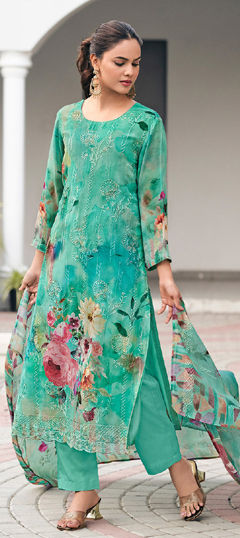 Green color Salwar Kameez in Georgette fabric with Digital Print, Embroidered, Floral work